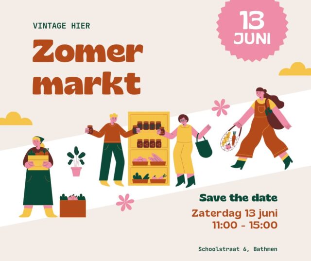 🌞 Save the date! 🌞

Op 13 juni organiseren wij onze jaarlijkse zomermarkt en je bent van harte welkom! 🎉

Kom langs en ontdek diverse leuke kramen met onder andere:
✨ kleding
✨ sieraden
✨ parfum
✨ interieur
✨ schilderijen
✨ heerlijke broodjes
✨ lekkere jam

Een perfecte dag om rond te struinen, iets moois te vinden en te genieten van de zomerse sfeer! ☀️

📅 Zet 13 juni alvast in je agenda – we hopen je daar te zien!

#savethedate #zomermarkt #markt #vintagehier #shoppen lokaleondernemers